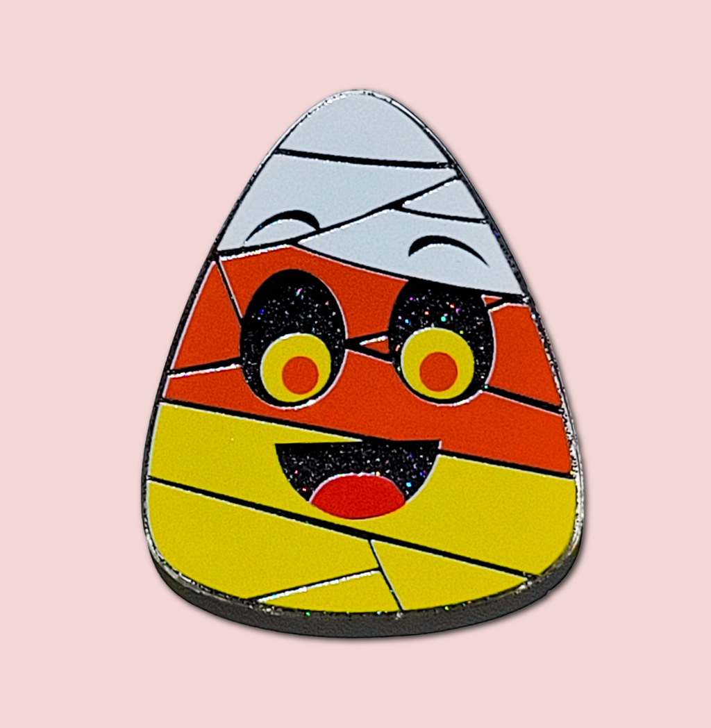 Candy Corn Mummy interchangeable Halloween badge topper front view