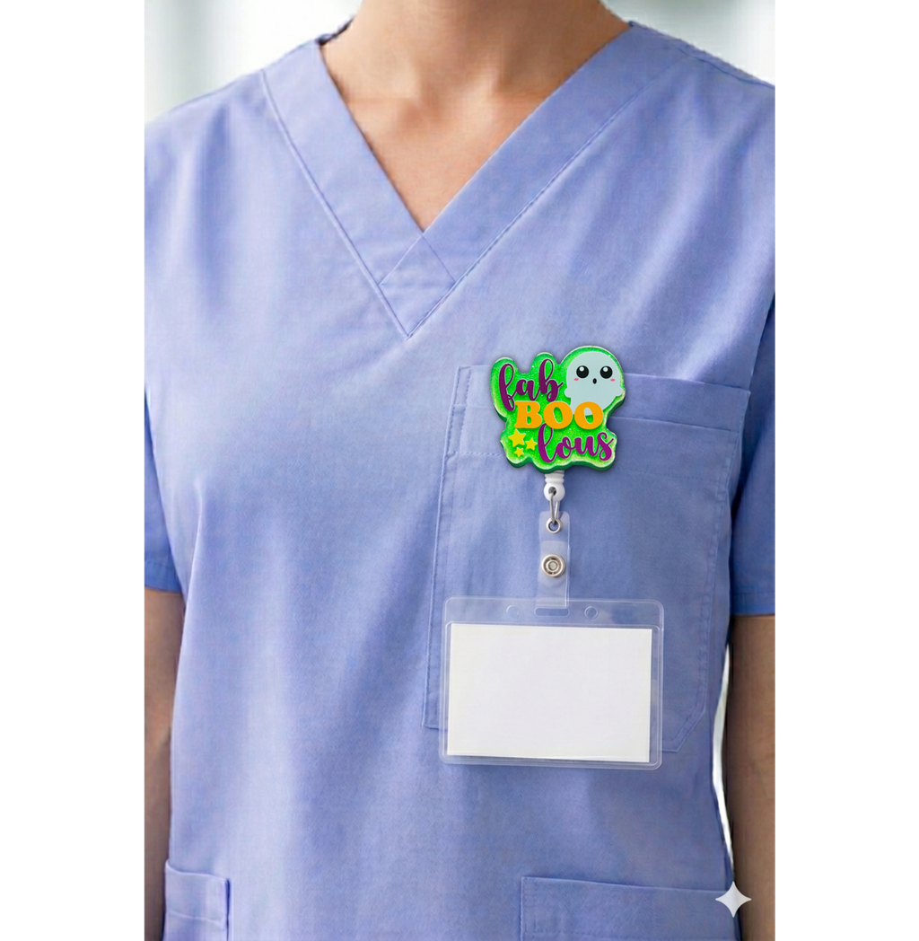 Fab-BOO-Lous Halloween badge topper shown on interchangeable badge reel