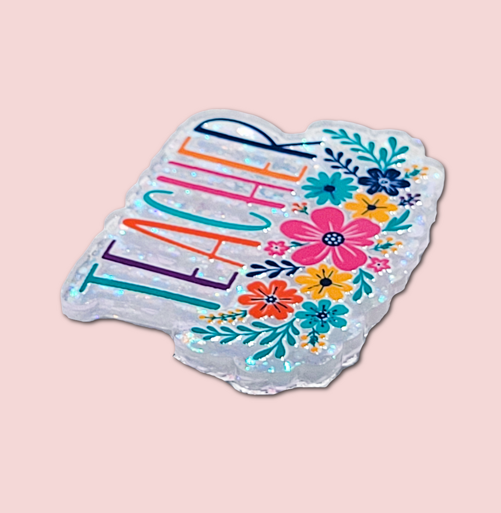 Side view of the floral teacher interchangeable badge topper