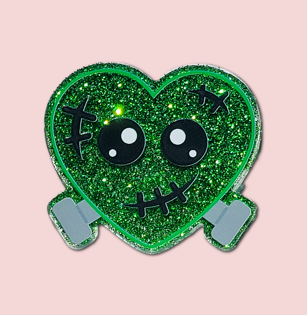 Frankenheart interchangeable Halloween badge topper front view