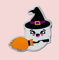 Cute witch ghost with broom interchangeable Halloween badge topper